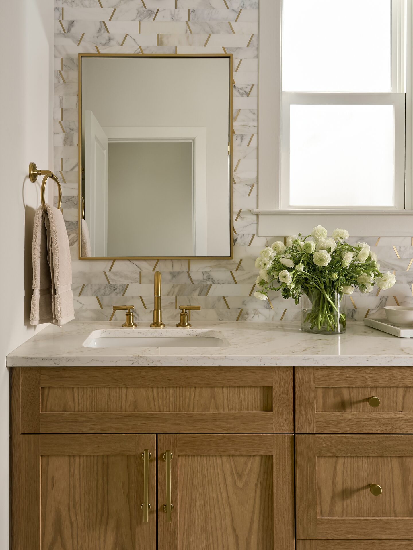 Overview Terrace white oak vanity with integrated pulls and stone top