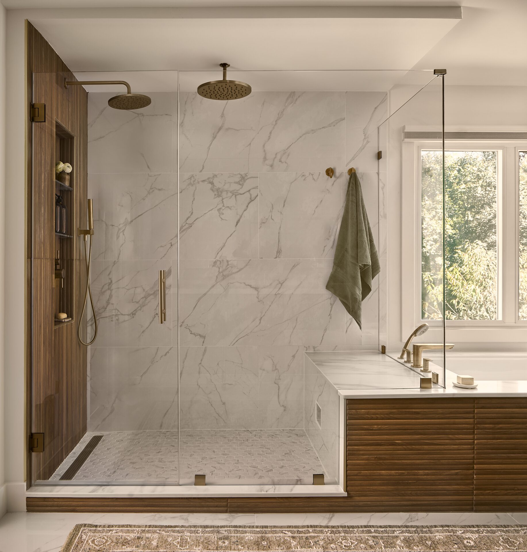 Terrace Mist walk-in shower with frameless glass enclosure and mosaic floor